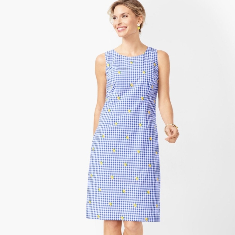 Talbots Womens Dress Blue and White Checkered Gingham Embroidered Lemons Size 2P